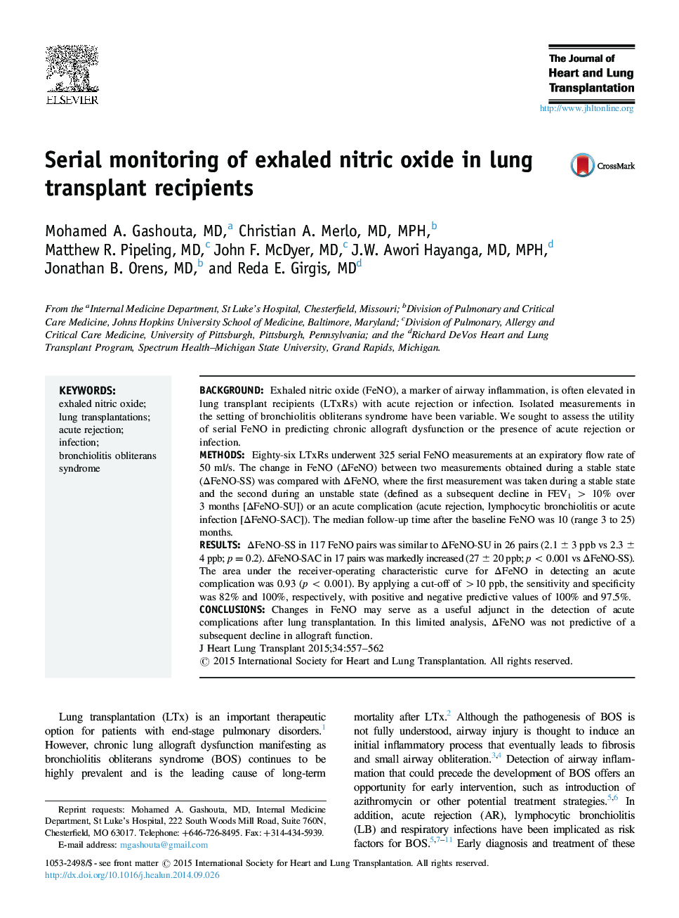 Serial monitoring of exhaled nitric oxide in lung transplant recipients