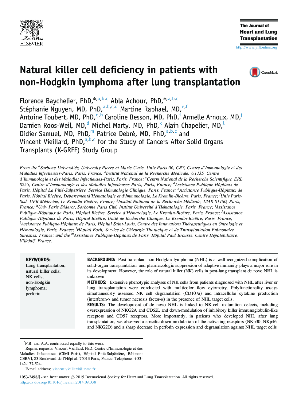 Natural killer cell deficiency in patients with non-Hodgkin lymphoma after lung transplantation