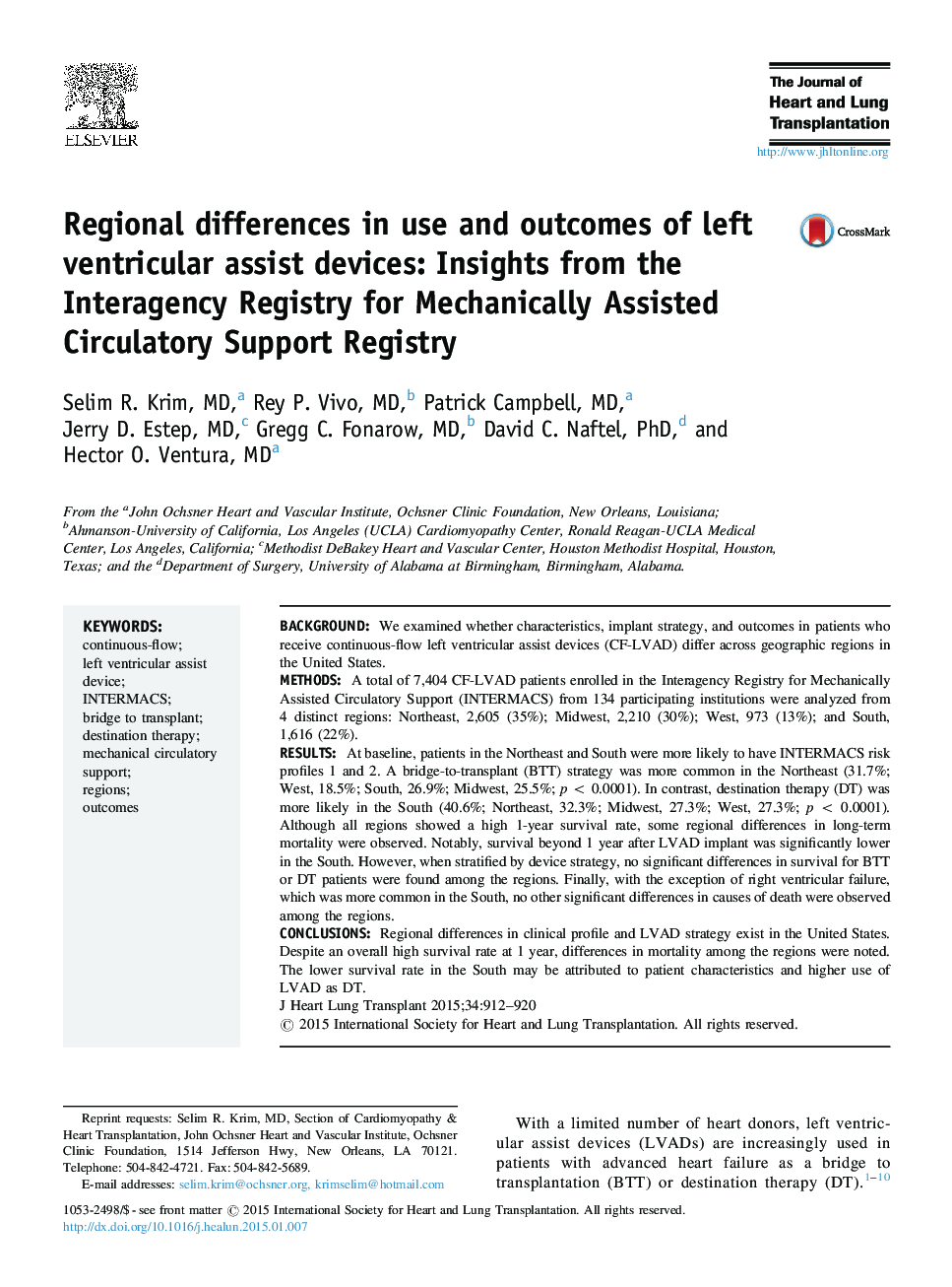 Regional differences in use and outcomes of left ventricular assist devices: Insights from the Interagency Registry for Mechanically Assisted Circulatory Support Registry