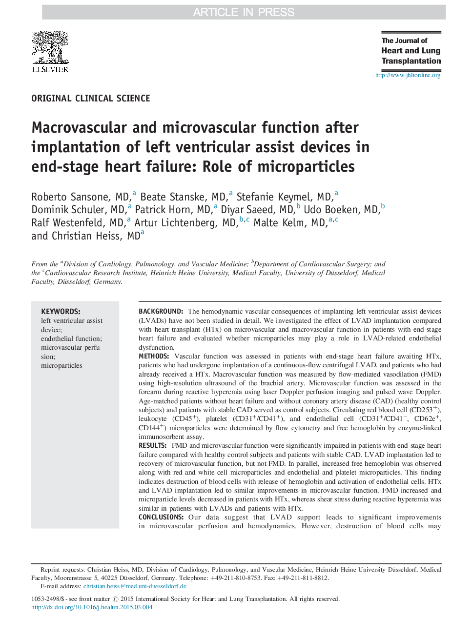 Macrovascular and microvascular function after implantation of left ventricular assist devices in end-stage heart failure: Role of microparticles