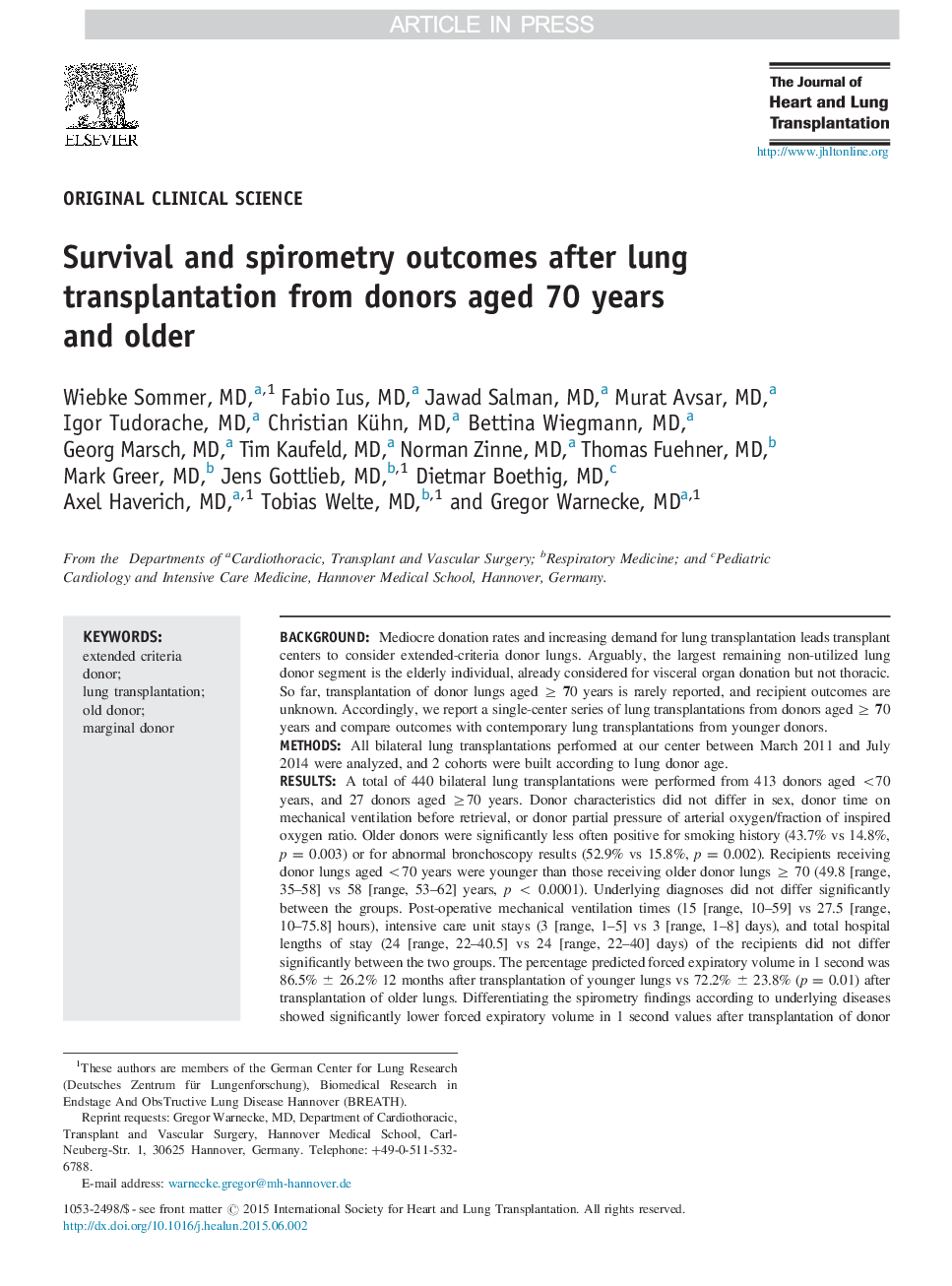 Survival and spirometry outcomes after lung transplantation from donors aged 70 years and older