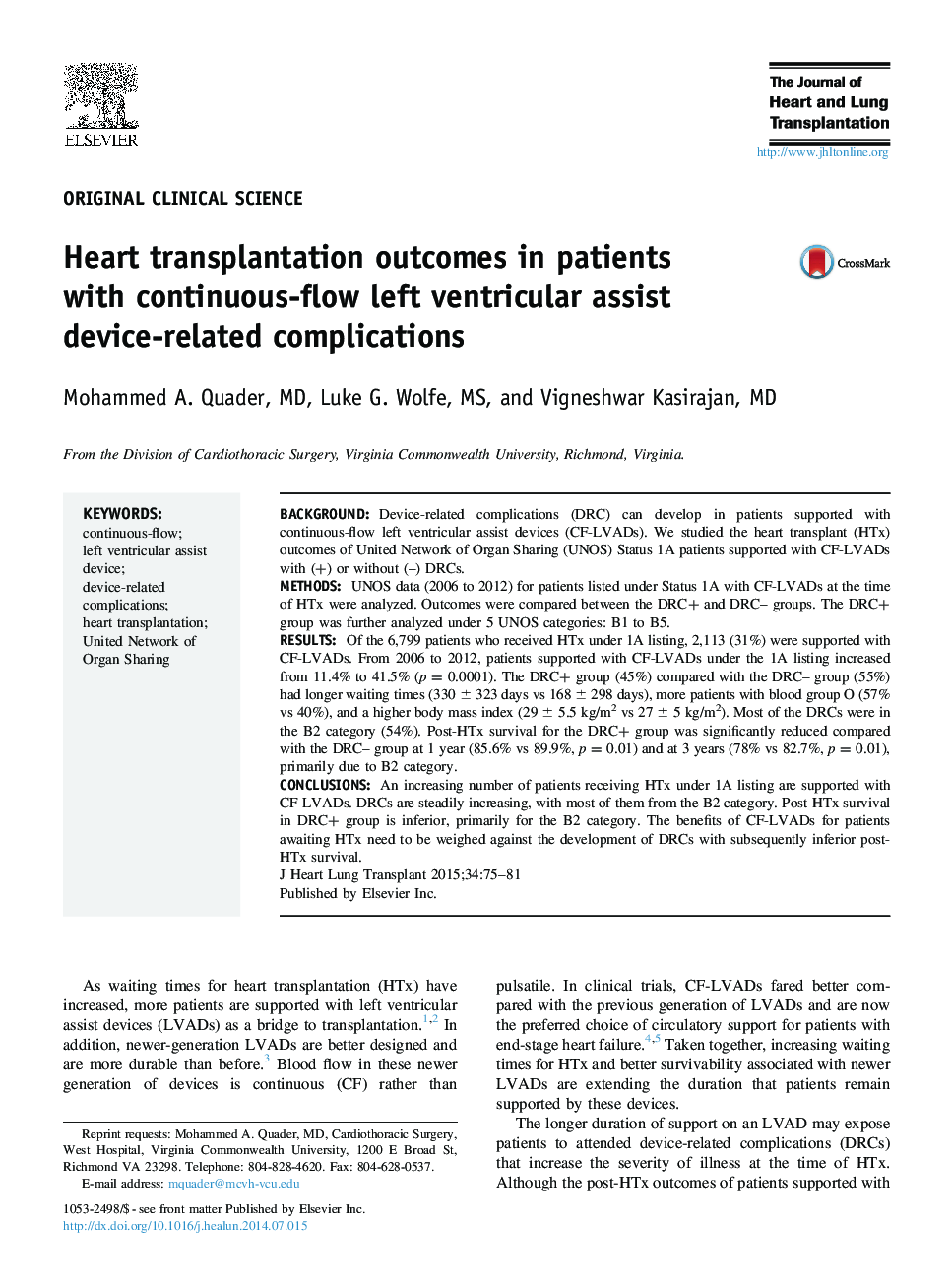 Heart transplantation outcomes in patients with continuous-flow left ventricular assist device-related complications