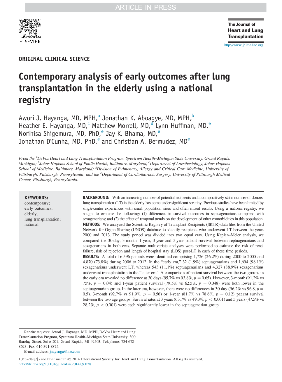 Contemporary analysis of early outcomes after lung transplantation in the elderly using a national registry