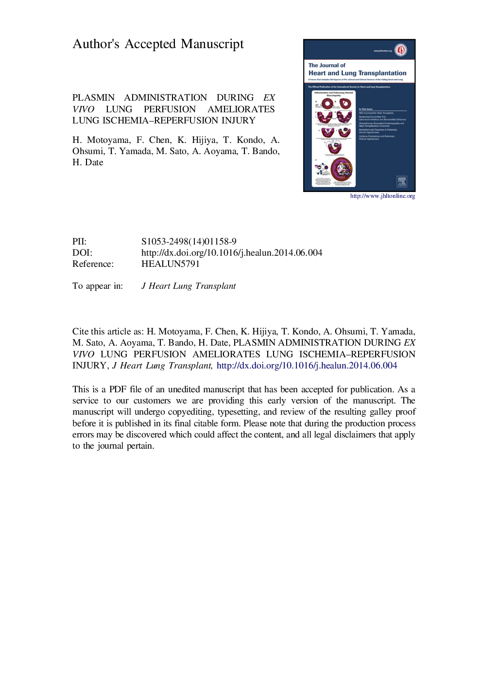 Plasmin administration during ex vivo lung perfusion ameliorates lung ischemia-reperfusion injury