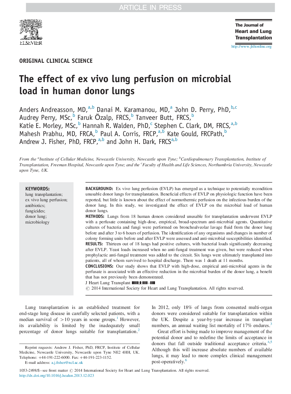 The effect of ex vivo lung perfusion on microbial load in human donor lungs