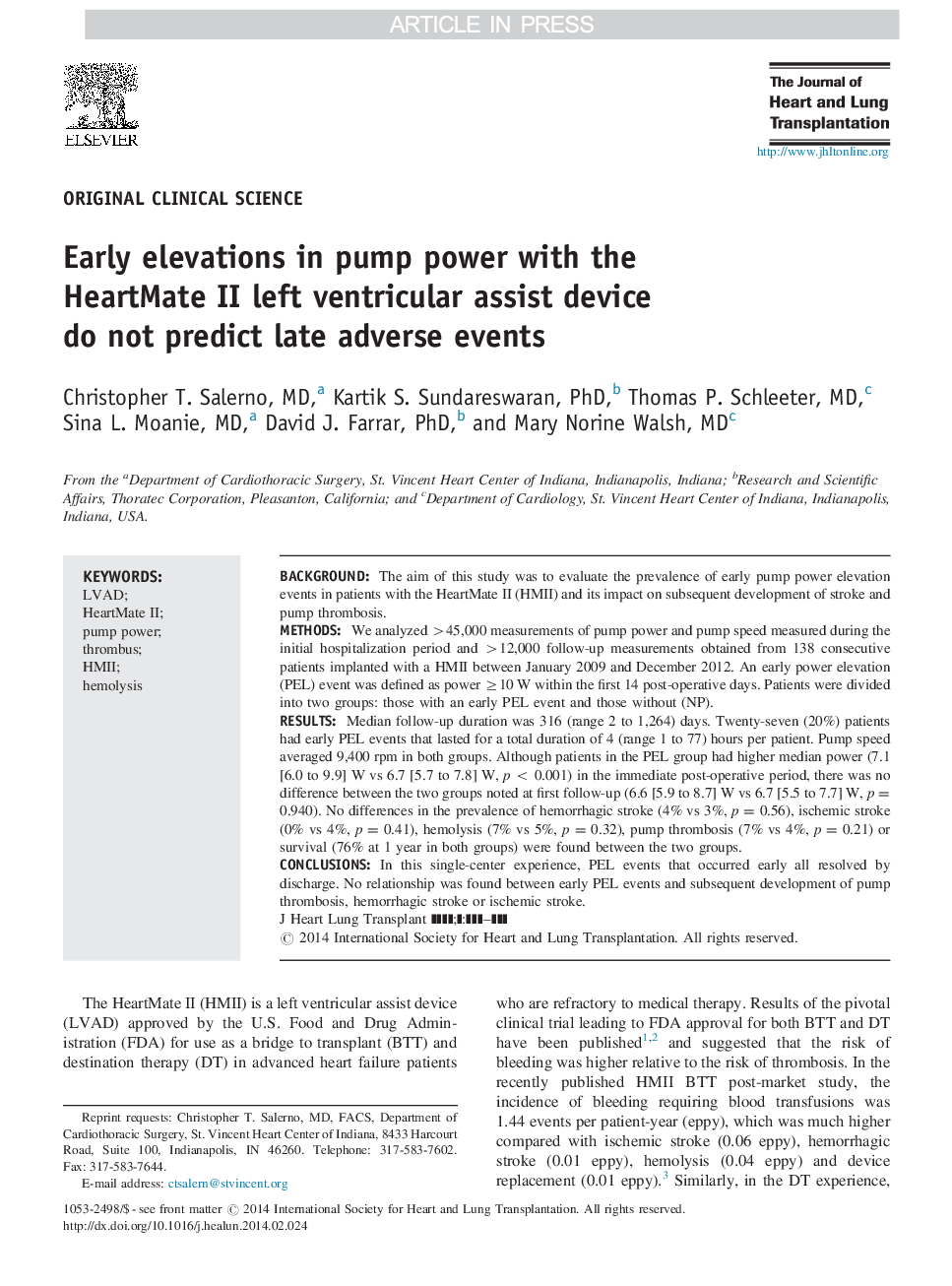 Early elevations in pump power with the HeartMate II left ventricular assist device do not predict late adverse events