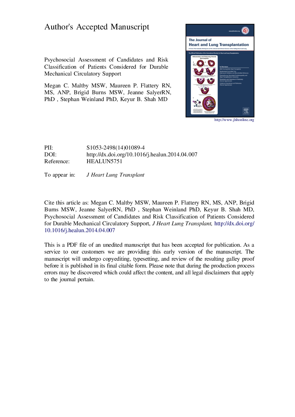 Psychosocial assessment of candidates and risk classification of patients considered for durable mechanical circulatory support