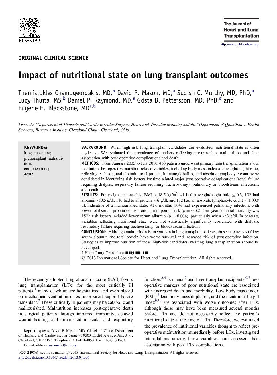 Impact of nutritional state on lung transplant outcomes