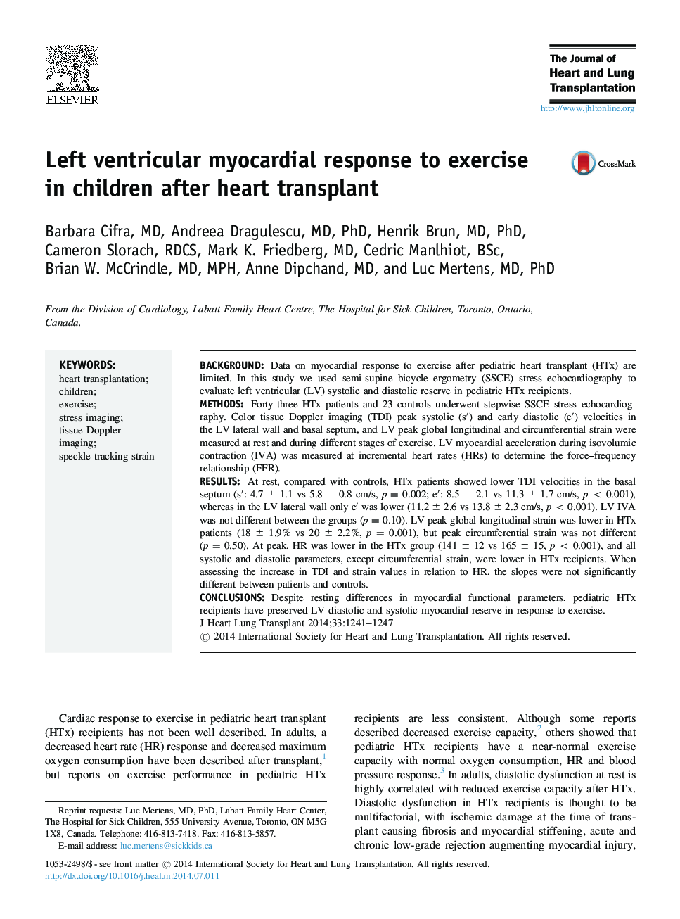 Left ventricular myocardial response to exercise in children after heart transplant