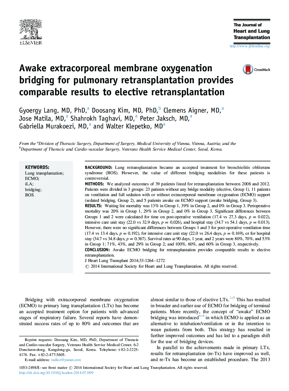 Awake extracorporeal membrane oxygenation bridging for pulmonary retransplantation provides comparable results to elective retransplantation