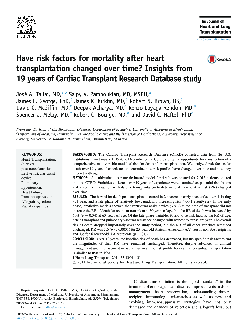 آیا عوامل خطر برای مرگ و میر پس از پیوند قلب در طول زمان تغییر کرده است؟ بینش از 19 سال تحقیق در مورد تحقیقات پیوند قلب 