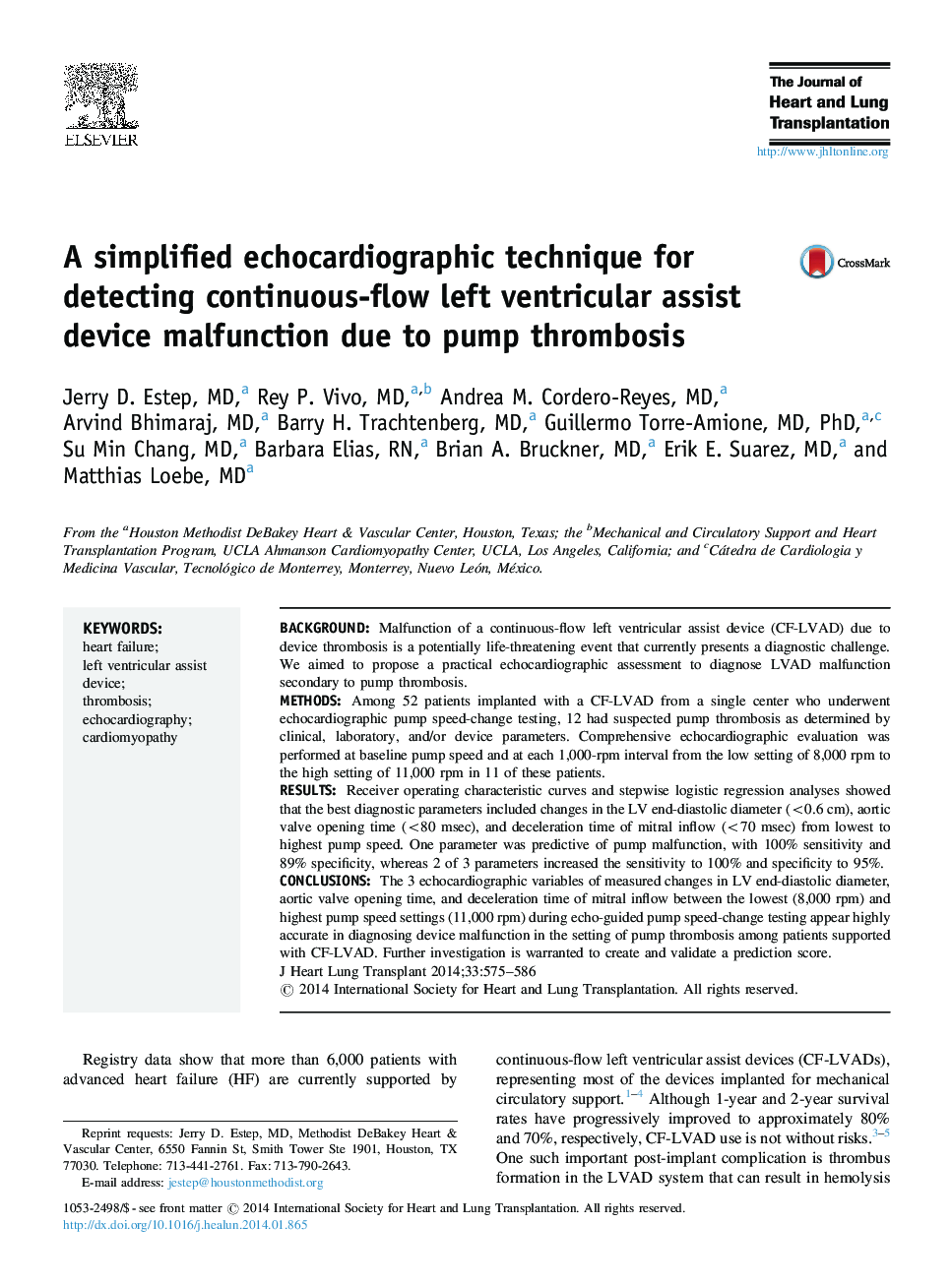 A simplified echocardiographic technique for detecting continuous-flow left ventricular assist device malfunction due to pump thrombosis