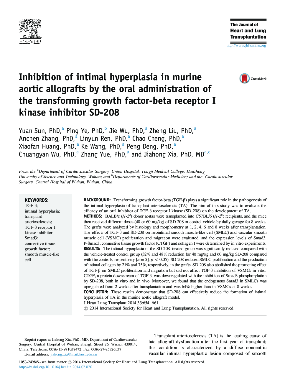 Inhibition of intimal hyperplasia in murine aortic allografts by the oral administration of the transforming growth factor-beta receptor I kinase inhibitor SD-208