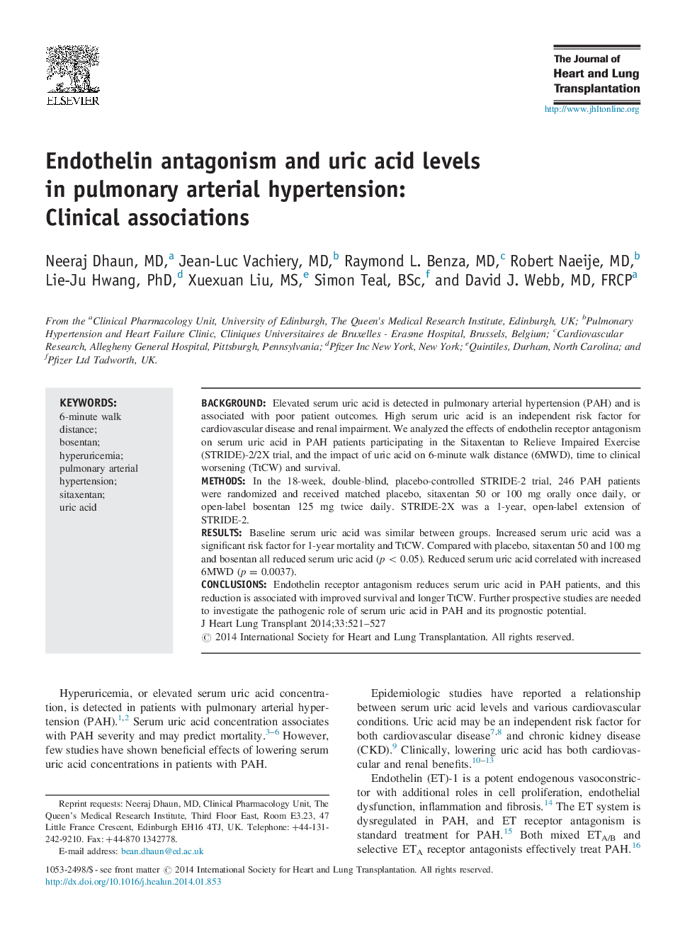 Endothelin antagonism and uric acid levels in pulmonary arterial hypertension: Clinical associations