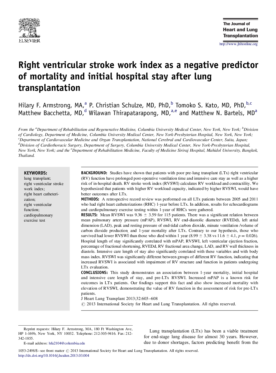 Right ventricular stroke work index as a negative predictor of mortality and initial hospital stay after lung transplantation