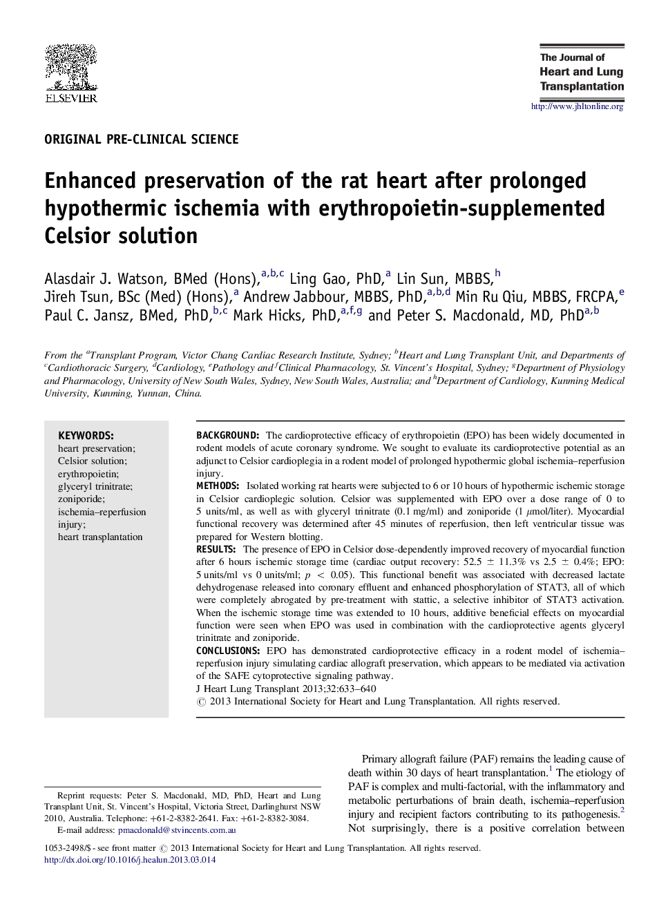 Enhanced preservation of the rat heart after prolonged hypothermic ischemia with erythropoietin-supplemented Celsior solution