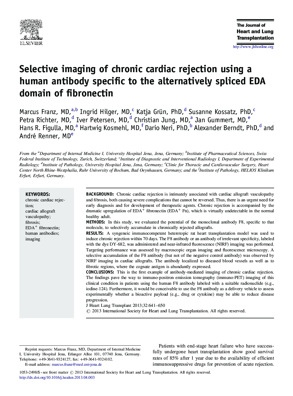 Selective imaging of chronic cardiac rejection using a human antibody specific to the alternatively spliced EDA domain of fibronectin