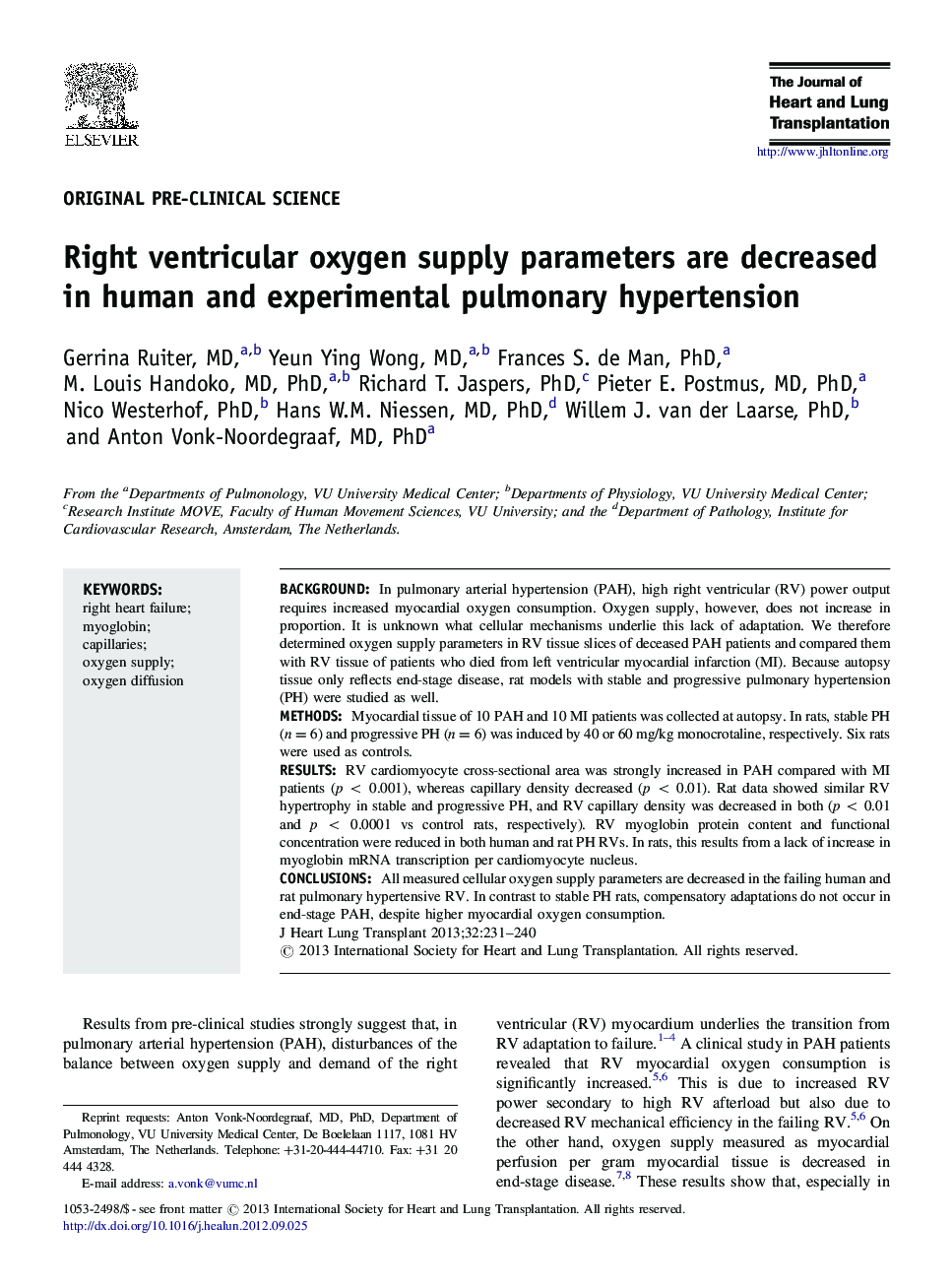 Right ventricular oxygen supply parameters are decreased in human and experimental pulmonary hypertension