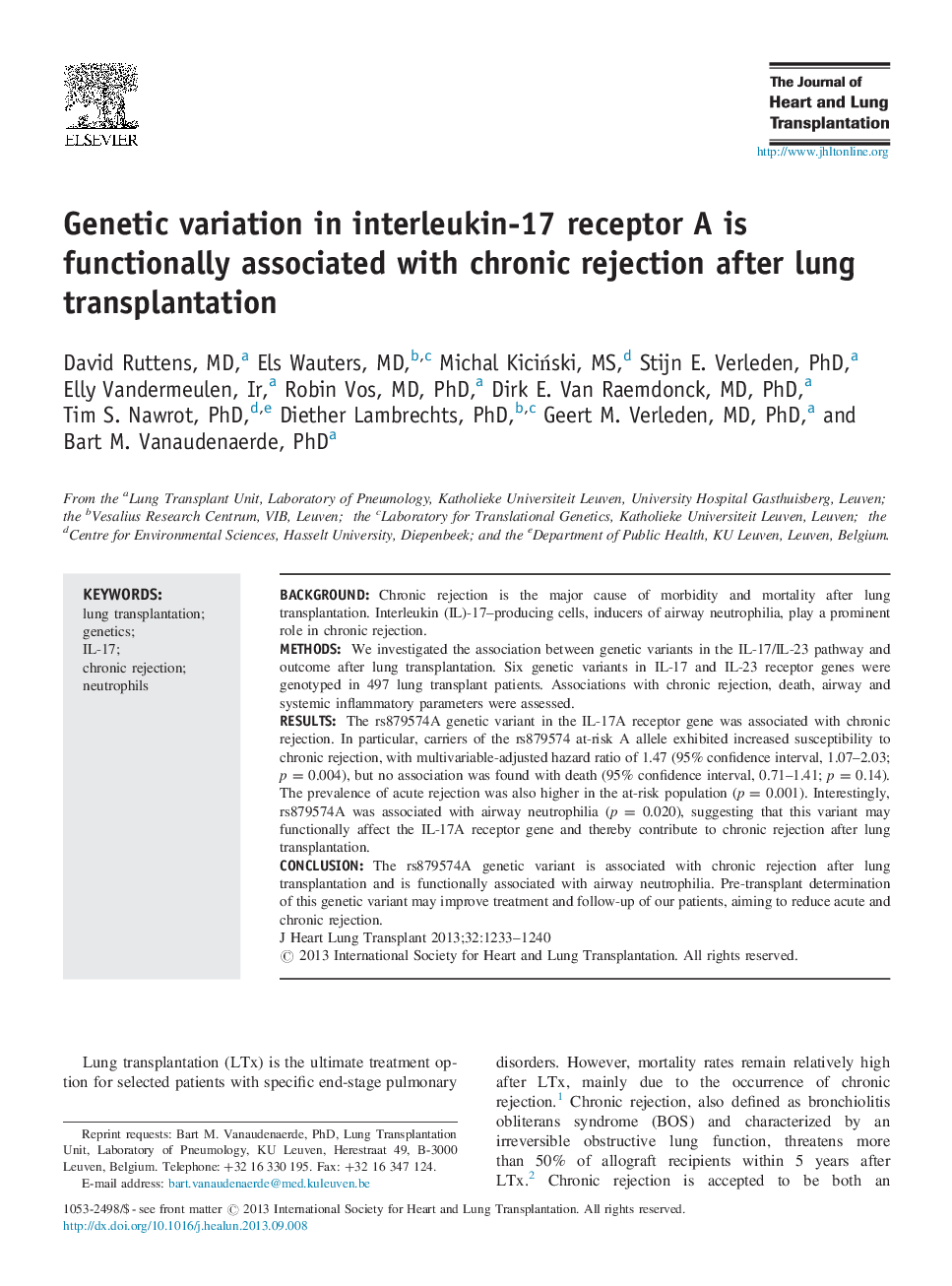 Genetic variation in interleukin-17 receptor A is functionally associated with chronic rejection after lung transplantation