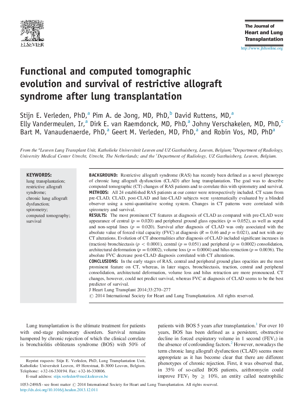 تکامل توموگرافی عملکردی و محاسبه شده و بقای سندرم آلوگرافت محدود پس از پیوند ریه 