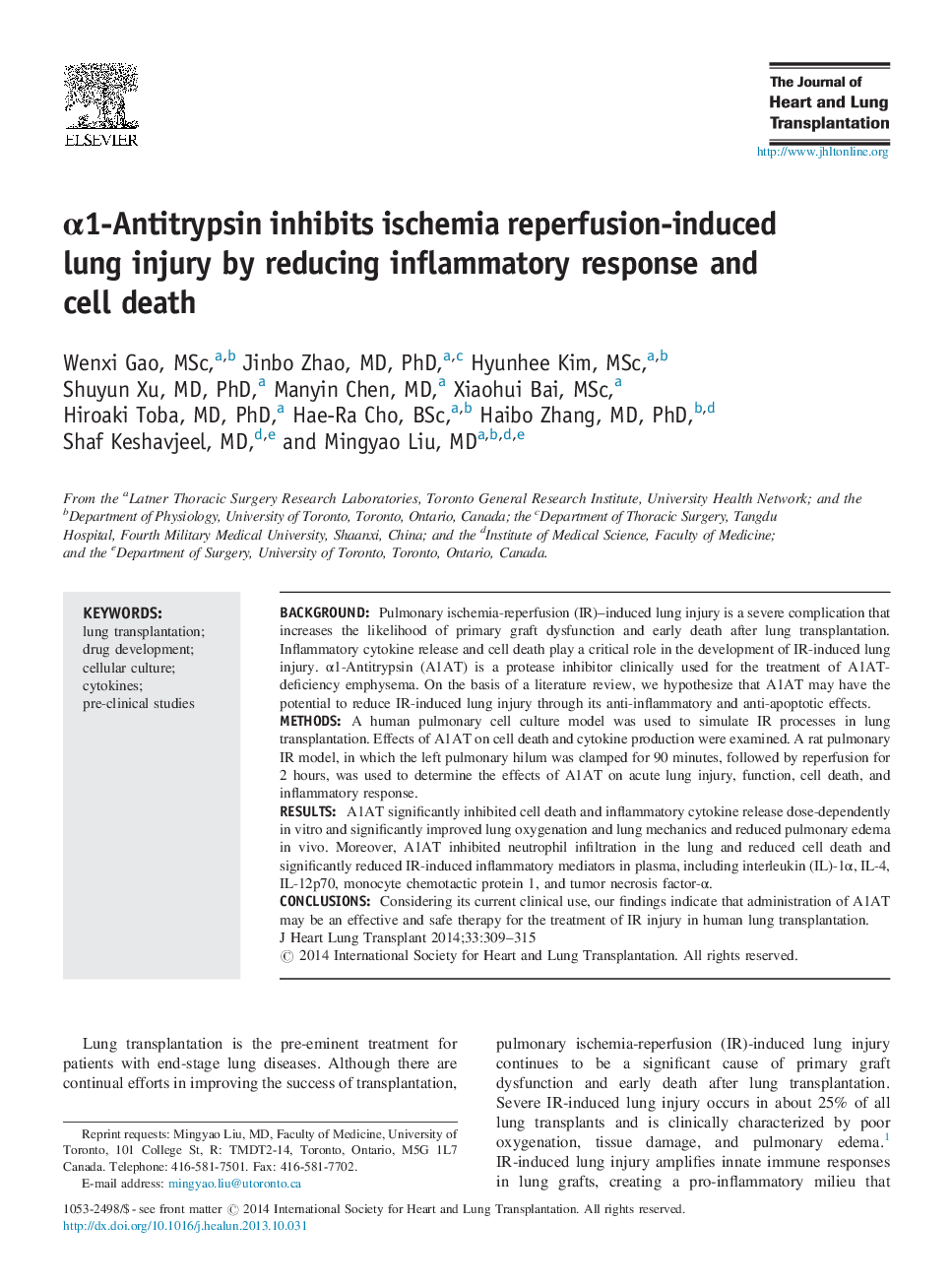 Î±1-Antitrypsin inhibits ischemia reperfusion-induced lung injury by reducing inflammatory response and cell death