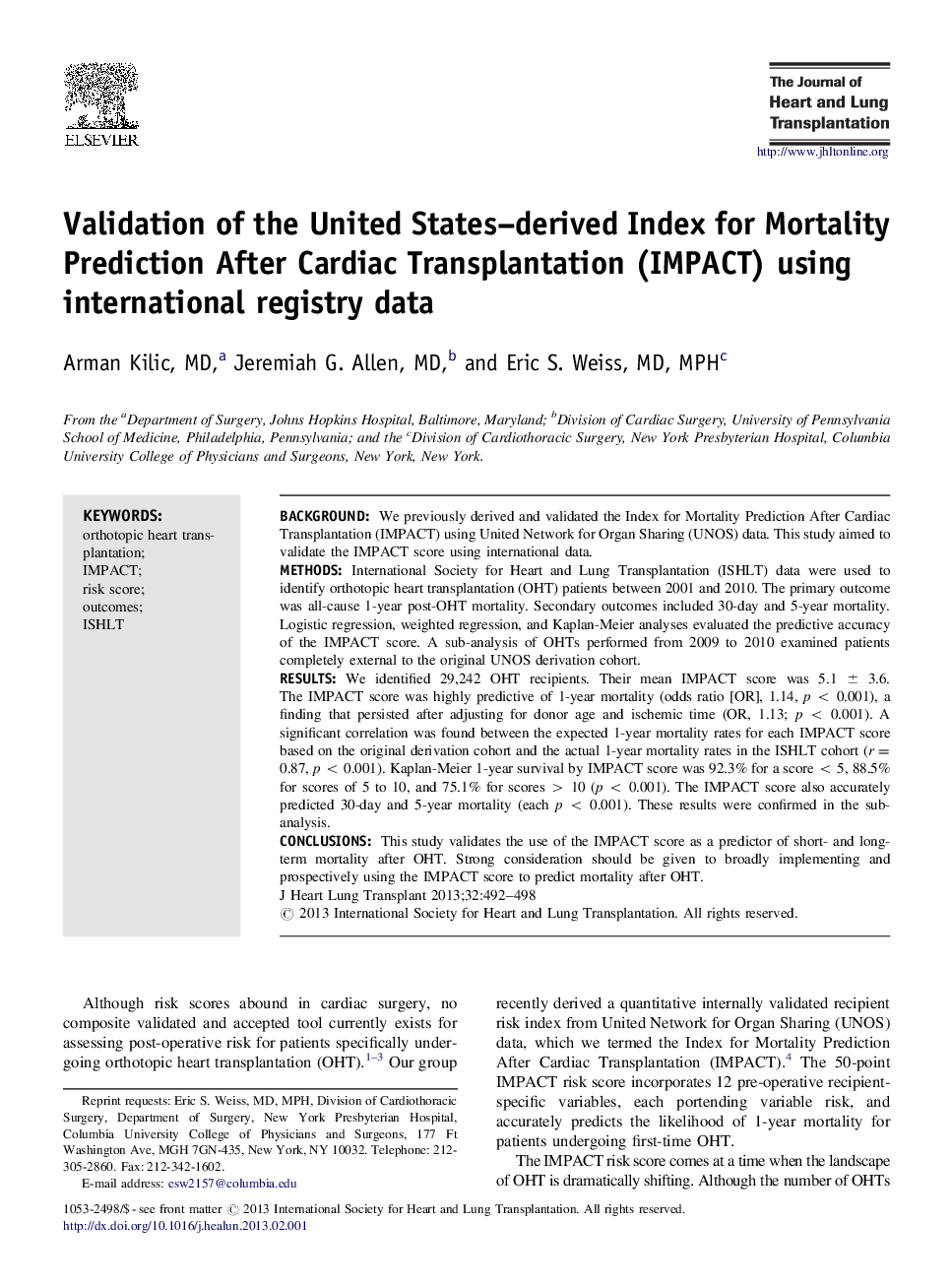 Validation of the United States-derived Index for Mortality Prediction After Cardiac Transplantation (IMPACT) using international registry data