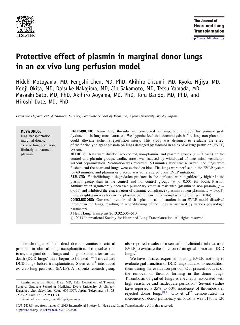 Protective effect of plasmin in marginal donor lungs in an ex vivo lung perfusion model