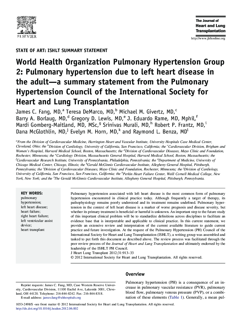 World Health Organization Pulmonary Hypertension Group 2: Pulmonary hypertension due to left heart disease in the adult-a summary statement from the Pulmonary Hypertension Council of the International Society for Heart and Lung Transplantation