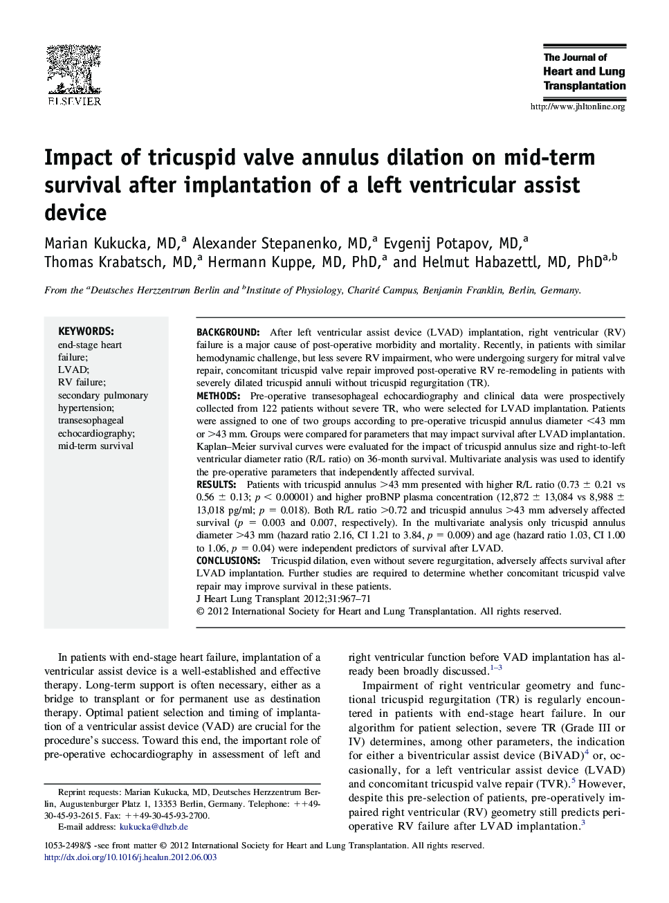 Impact of tricuspid valve annulus dilation on mid-term survival after implantation of a left ventricular assist device