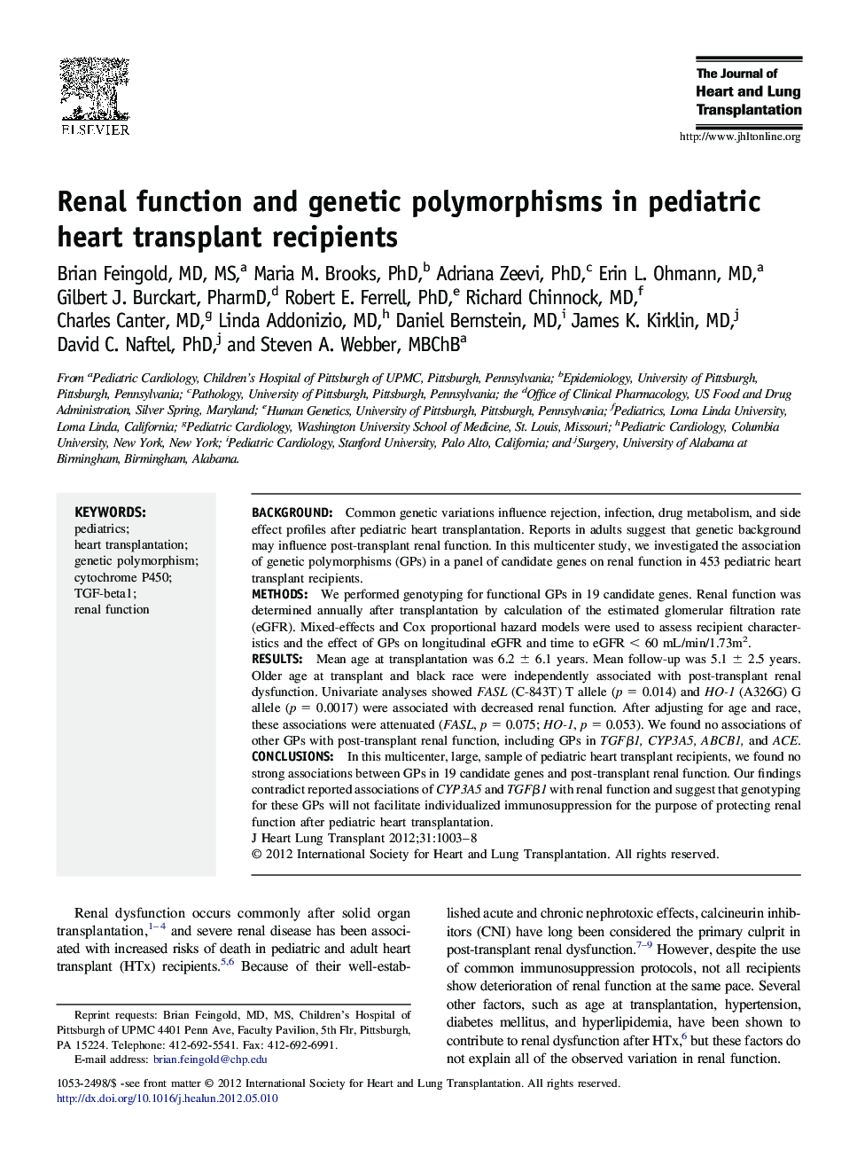 Renal function and genetic polymorphisms in pediatric heart transplant recipients