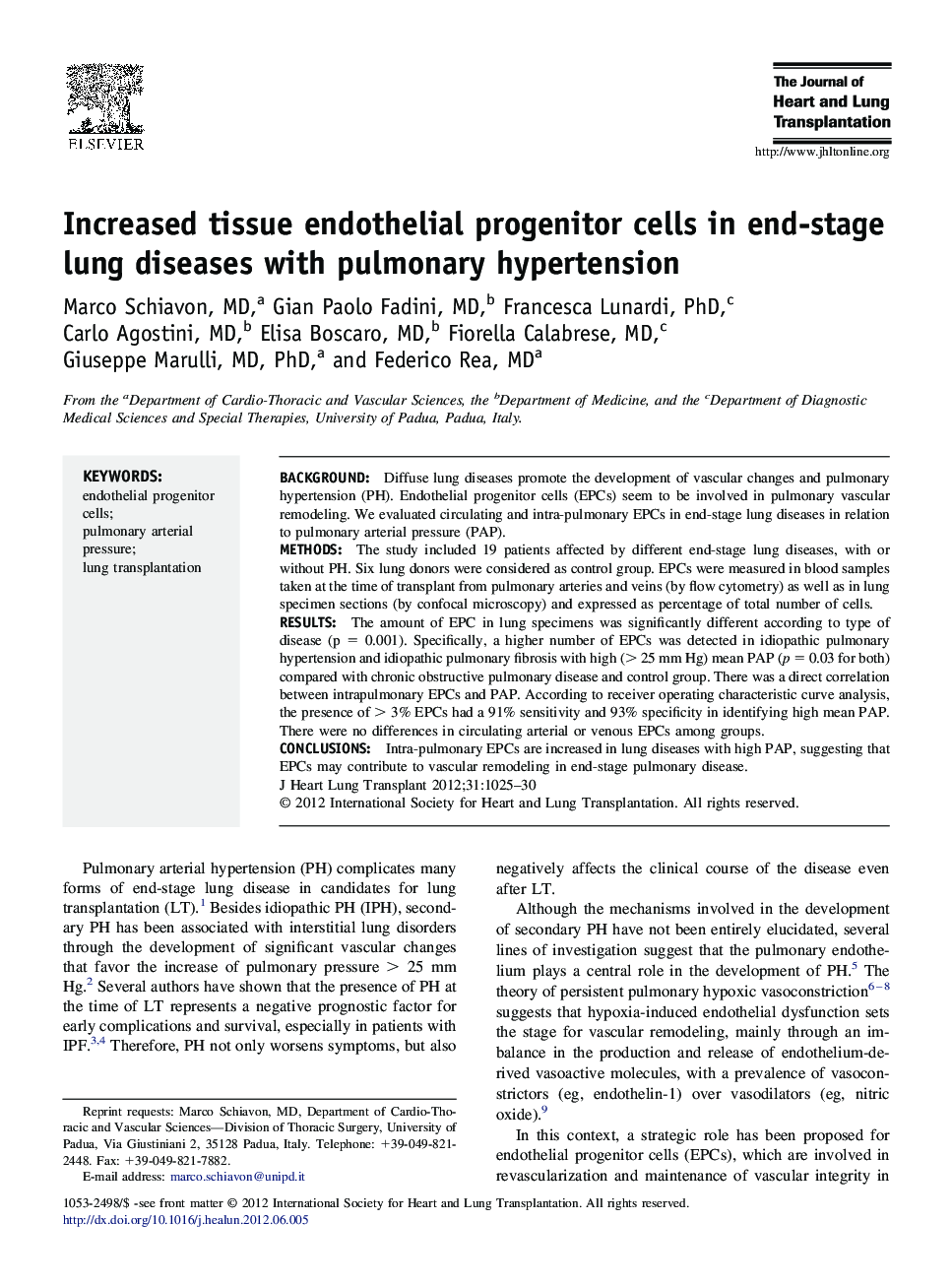 Increased tissue endothelial progenitor cells in end-stage lung diseases with pulmonary hypertension