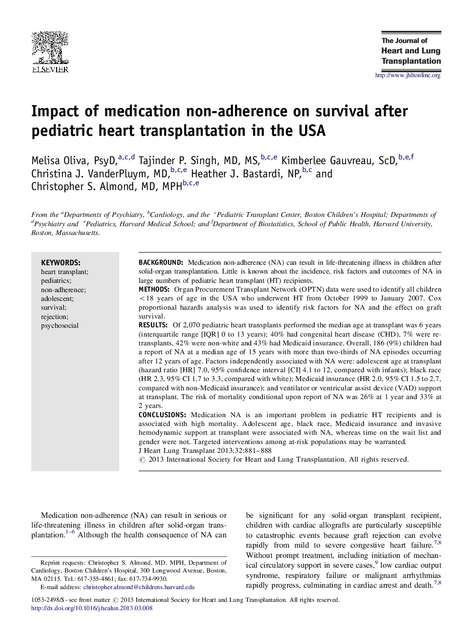 Impact of medication non-adherence on survival after pediatric heart transplantation in the USA