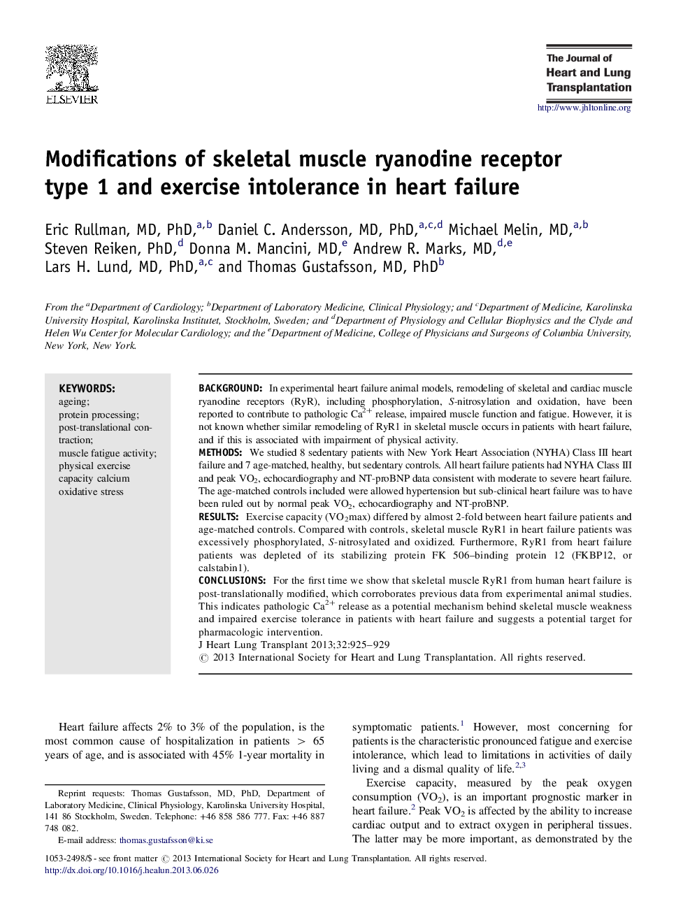 Modifications of skeletal muscle ryanodine receptor type 1 and exercise intolerance in heart failure