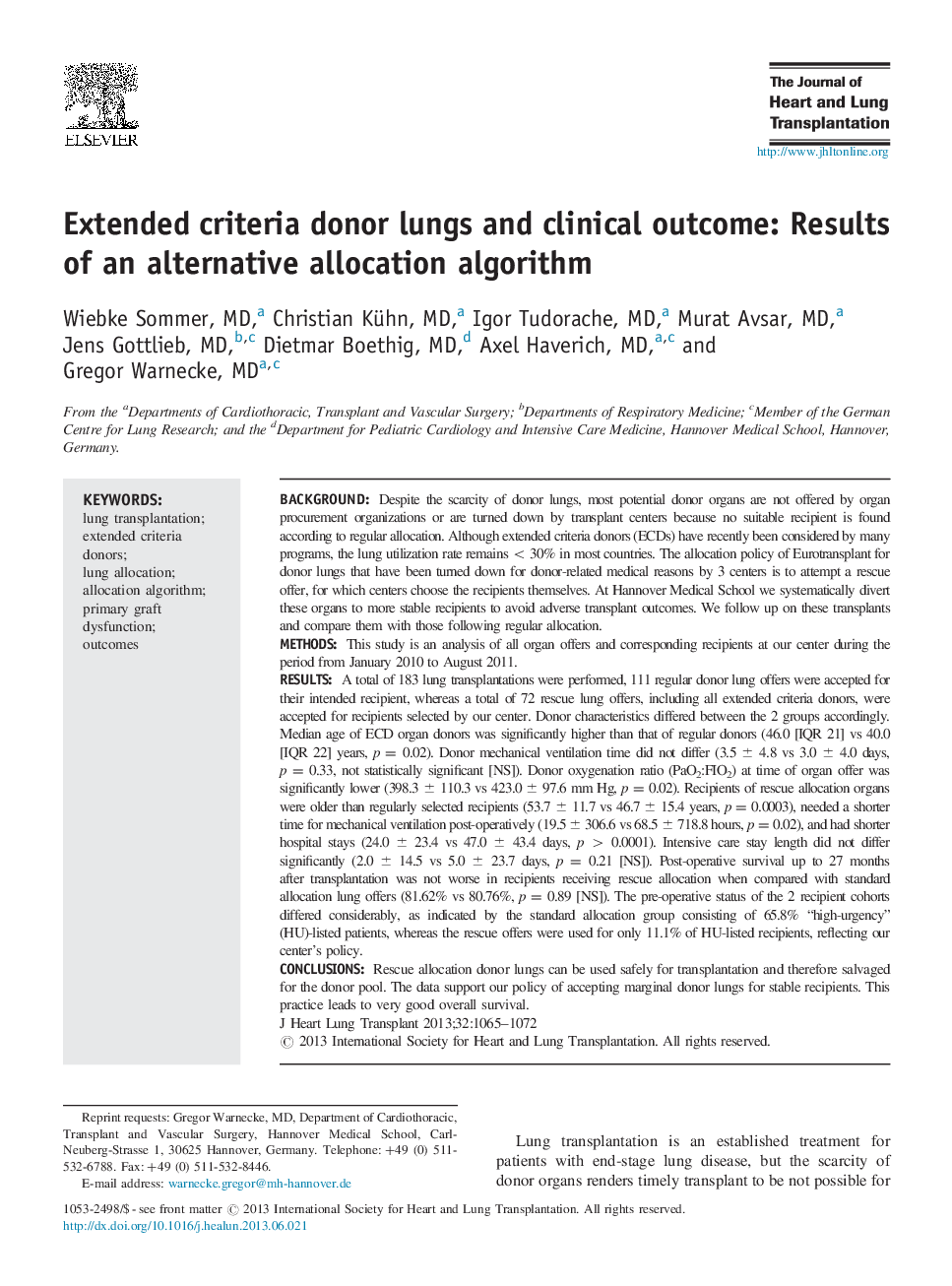 Extended criteria donor lungs and clinical outcome: Results of an alternative allocation algorithm