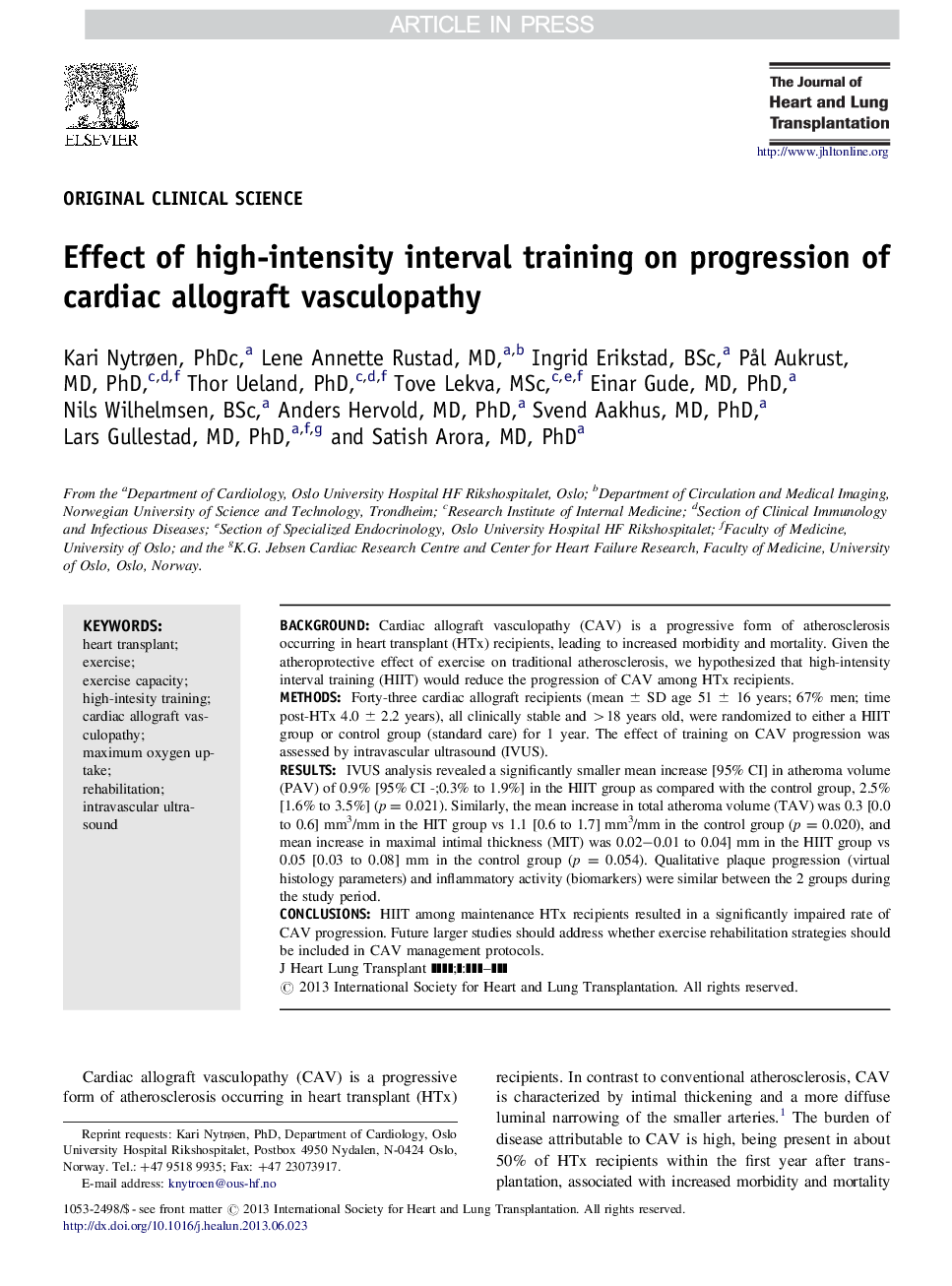 Effect of high-intensity interval training on progression of cardiac allograft vasculopathy