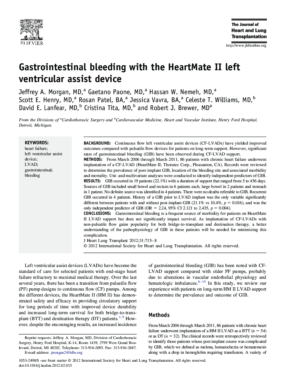 Gastrointestinal bleeding with the HeartMate II left ventricular assist device