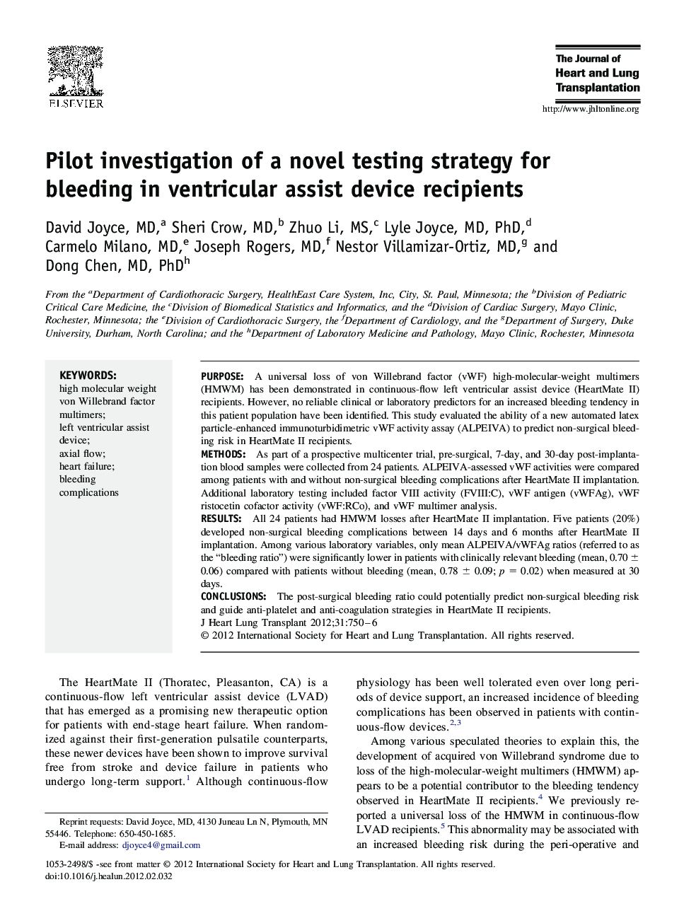 Pilot investigation of a novel testing strategy for bleeding in ventricular assist device recipients