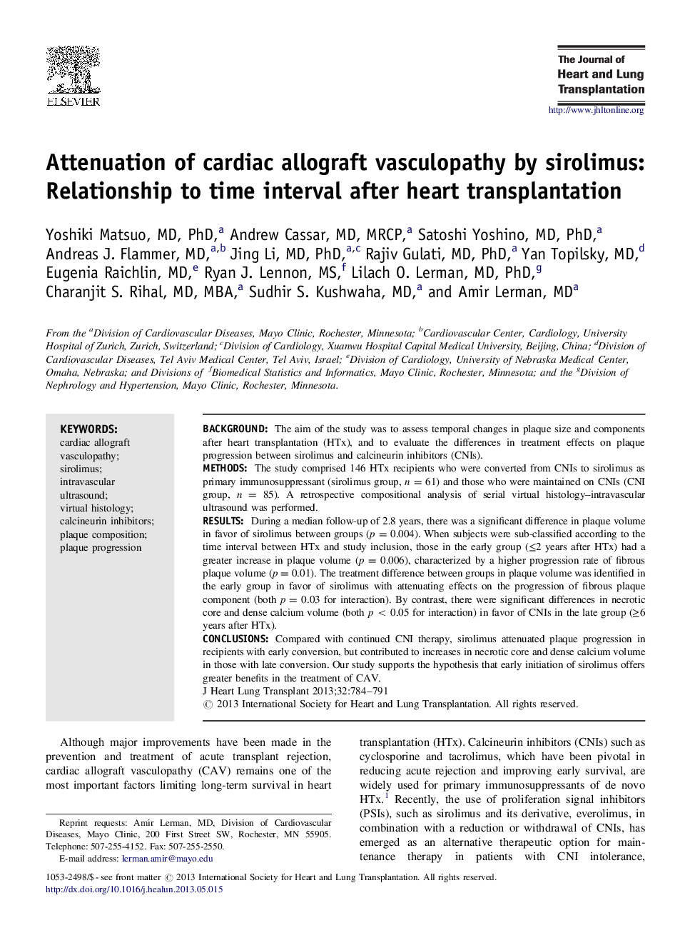 Attenuation of cardiac allograft vasculopathy by sirolimus: Relationship to time interval after heart transplantation