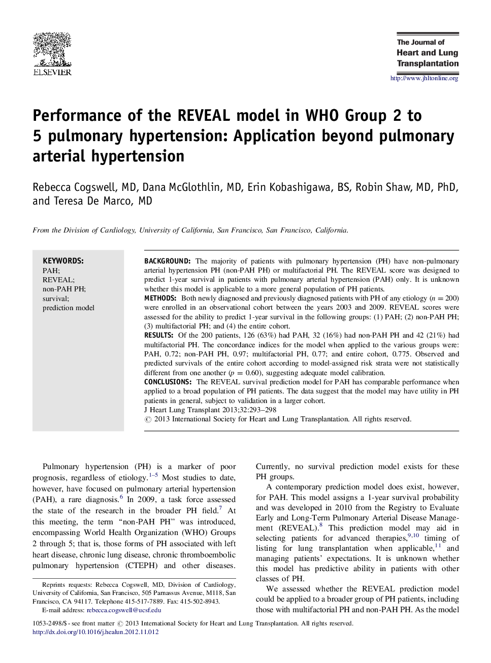 Performance of the REVEAL model in WHO Group 2 to 5 pulmonary hypertension: Application beyond pulmonary arterial hypertension