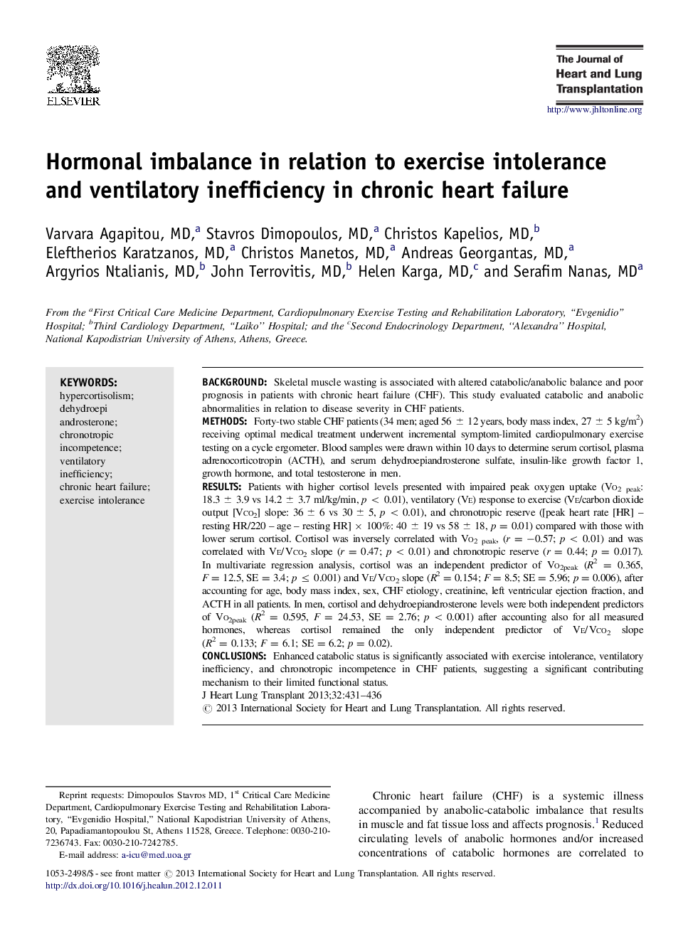 Hormonal imbalance in relation to exercise intolerance and ventilatory inefficiency in chronic heart failure