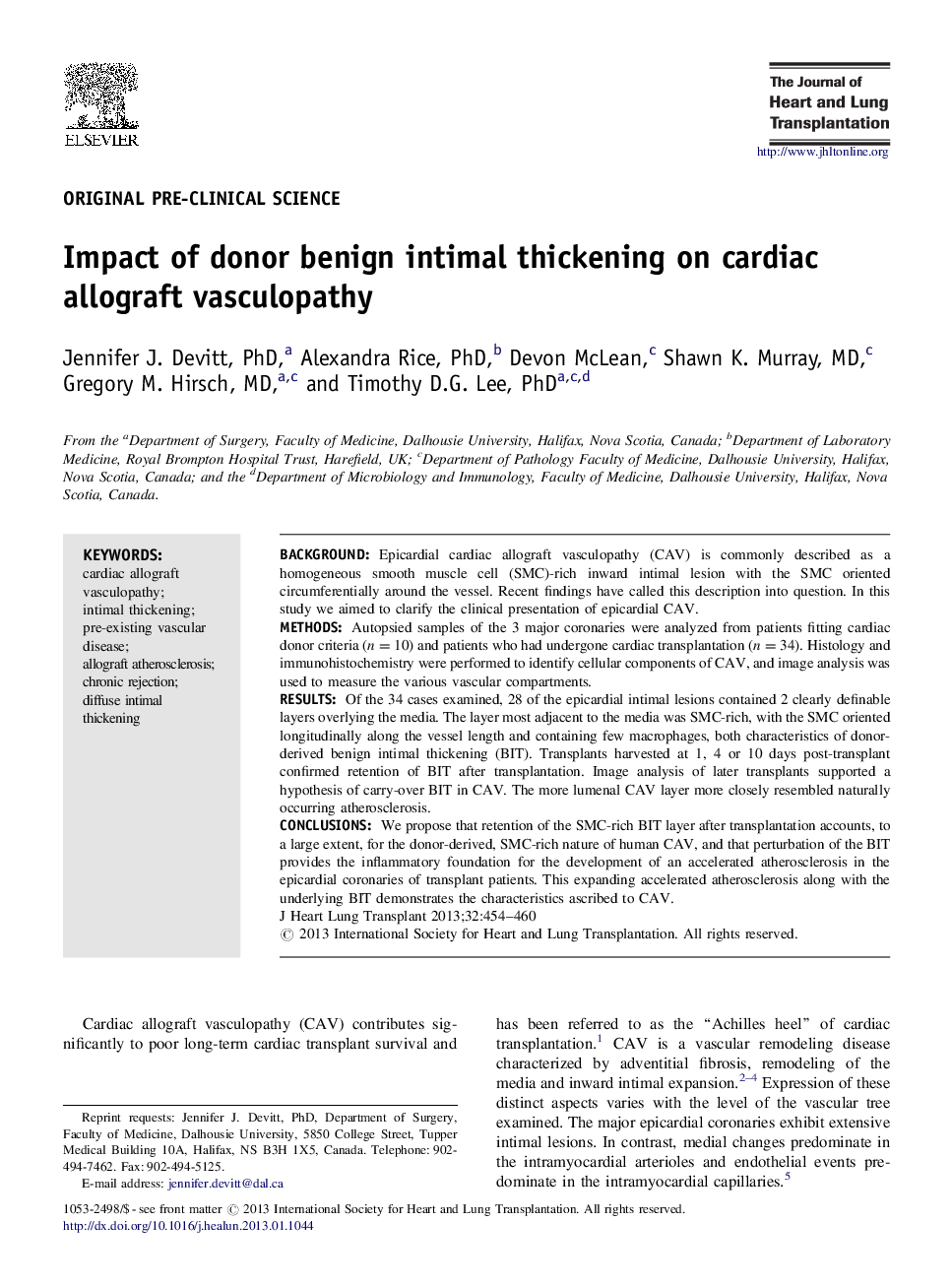 Impact of donor benign intimal thickening on cardiac allograft vasculopathy