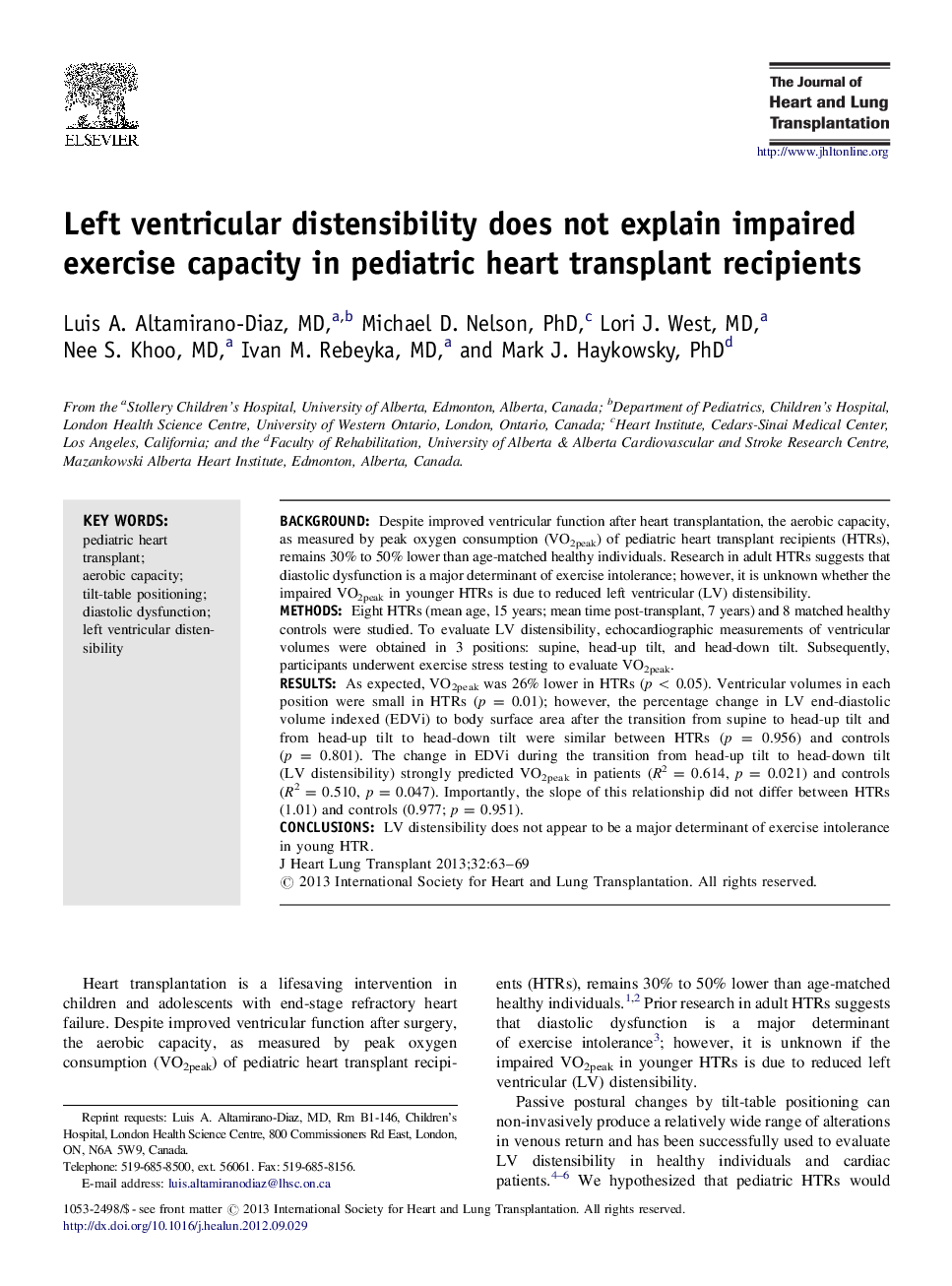 Left ventricular distensibility does not explain impaired exercise capacity in pediatric heart transplant recipients