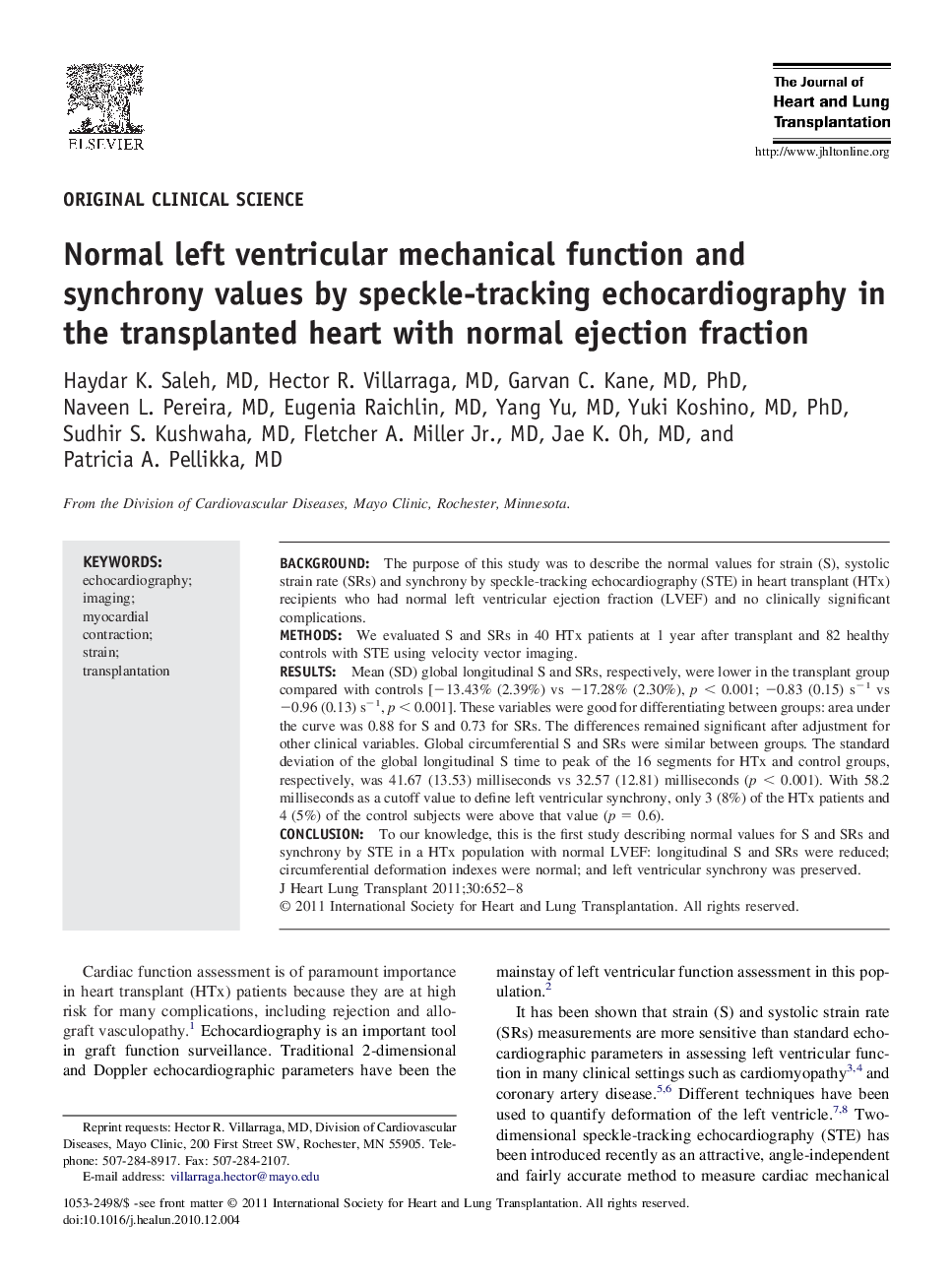 Normal left ventricular mechanical function and synchrony values by speckle-tracking echocardiography in the transplanted heart with normal ejection fraction