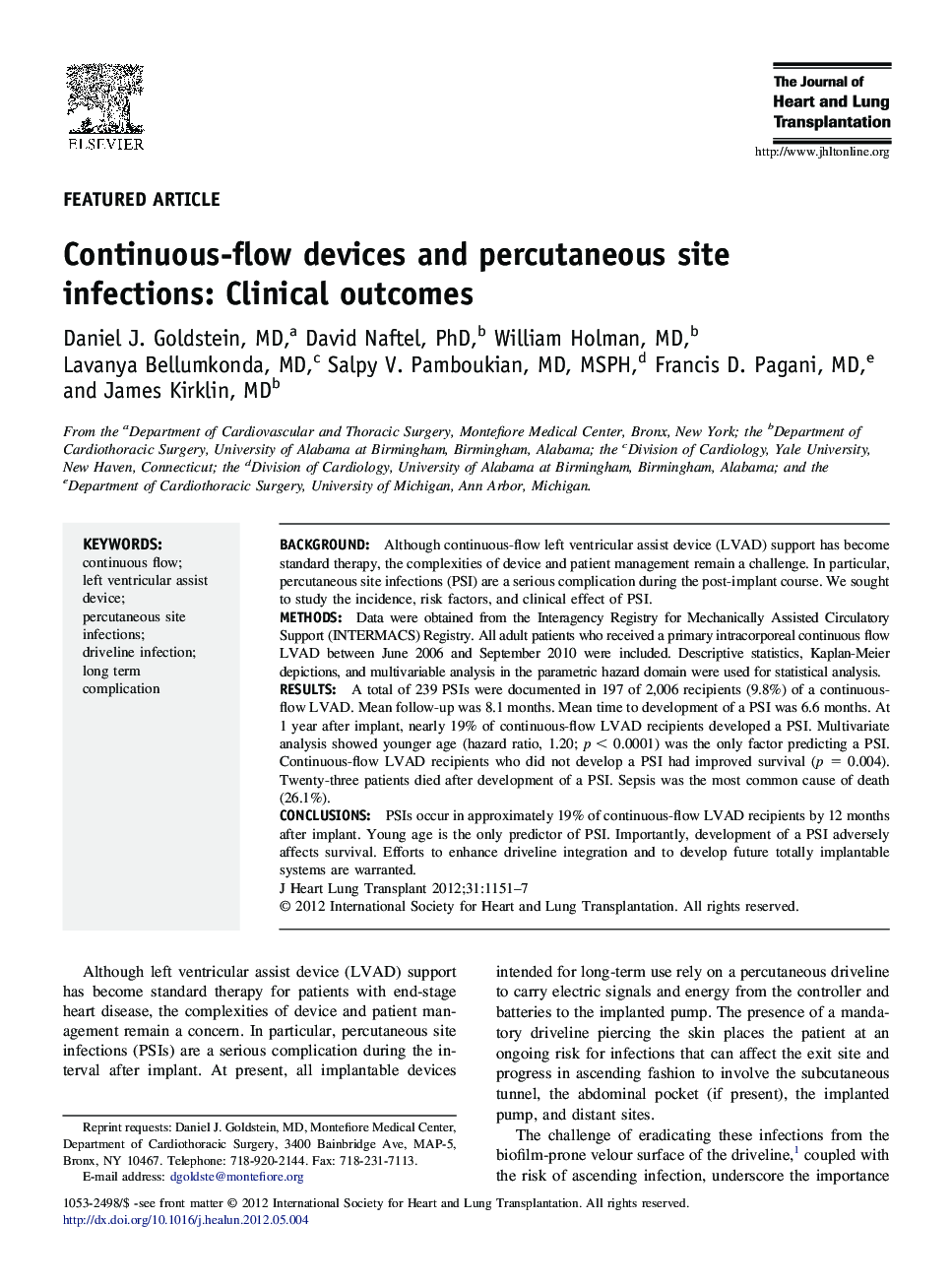 Continuous-flow devices and percutaneous site infections: Clinical outcomes