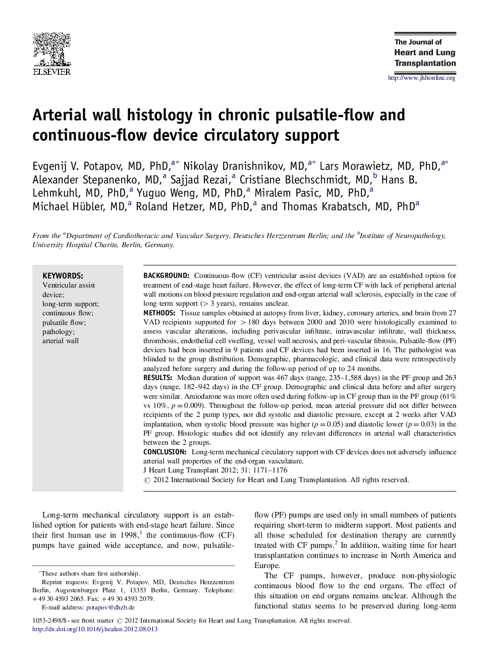 Arterial wall histology in chronic pulsatile-flow and continuous-flow device circulatory support