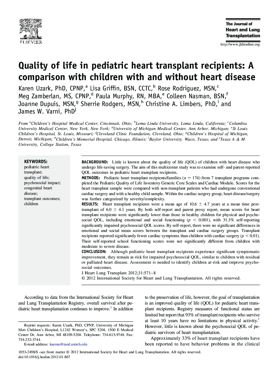 Quality of life in pediatric heart transplant recipients: A comparison with children with and without heart disease