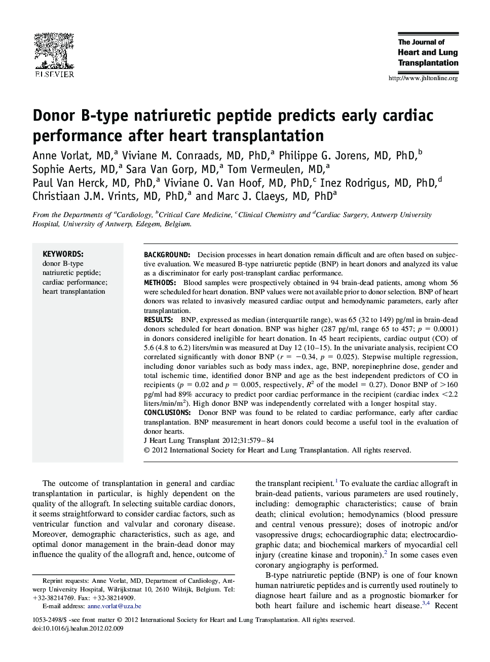 Donor B-type natriuretic peptide predicts early cardiac performance after heart transplantation