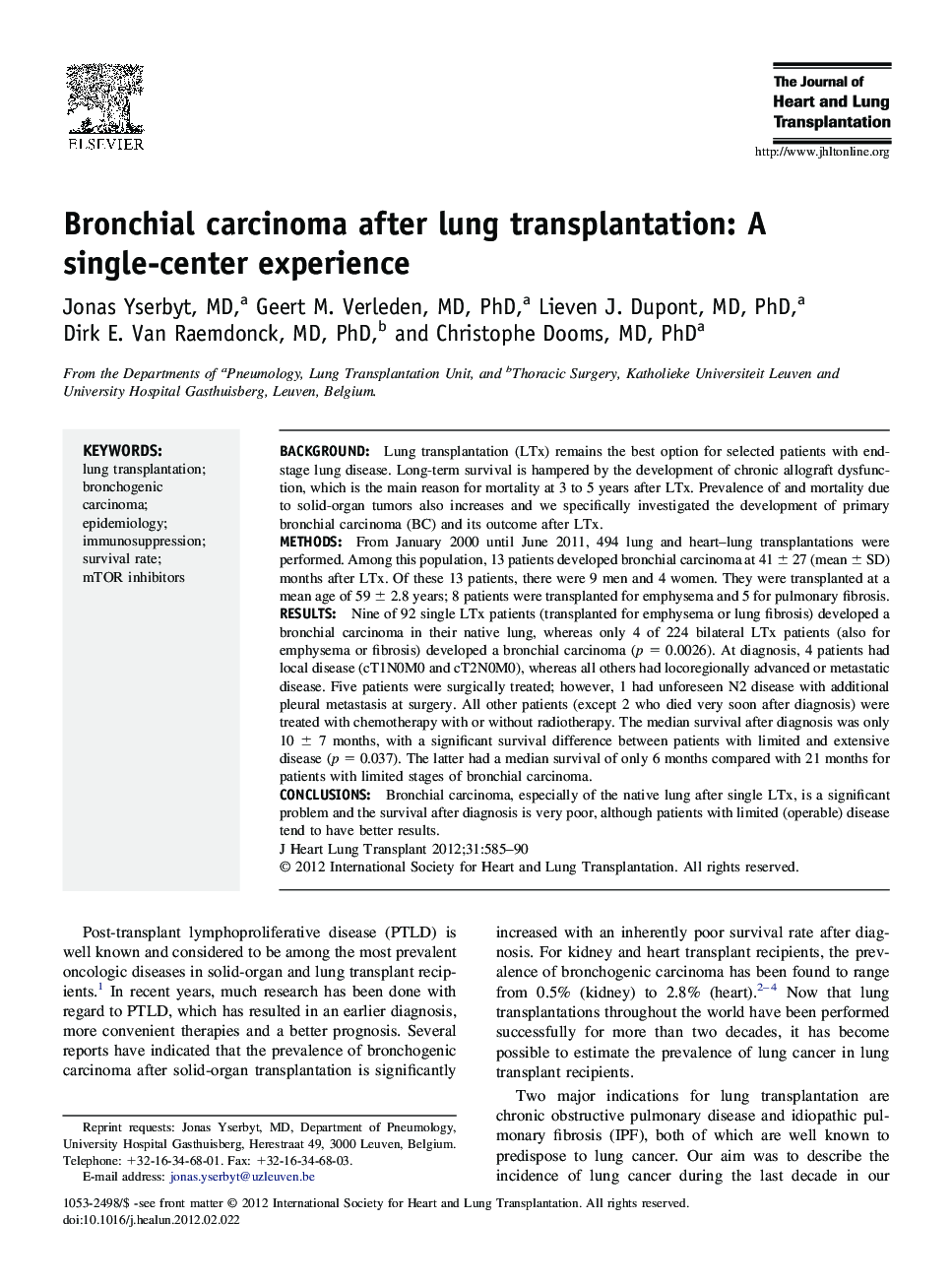 Bronchial carcinoma after lung transplantation: A single-center experience