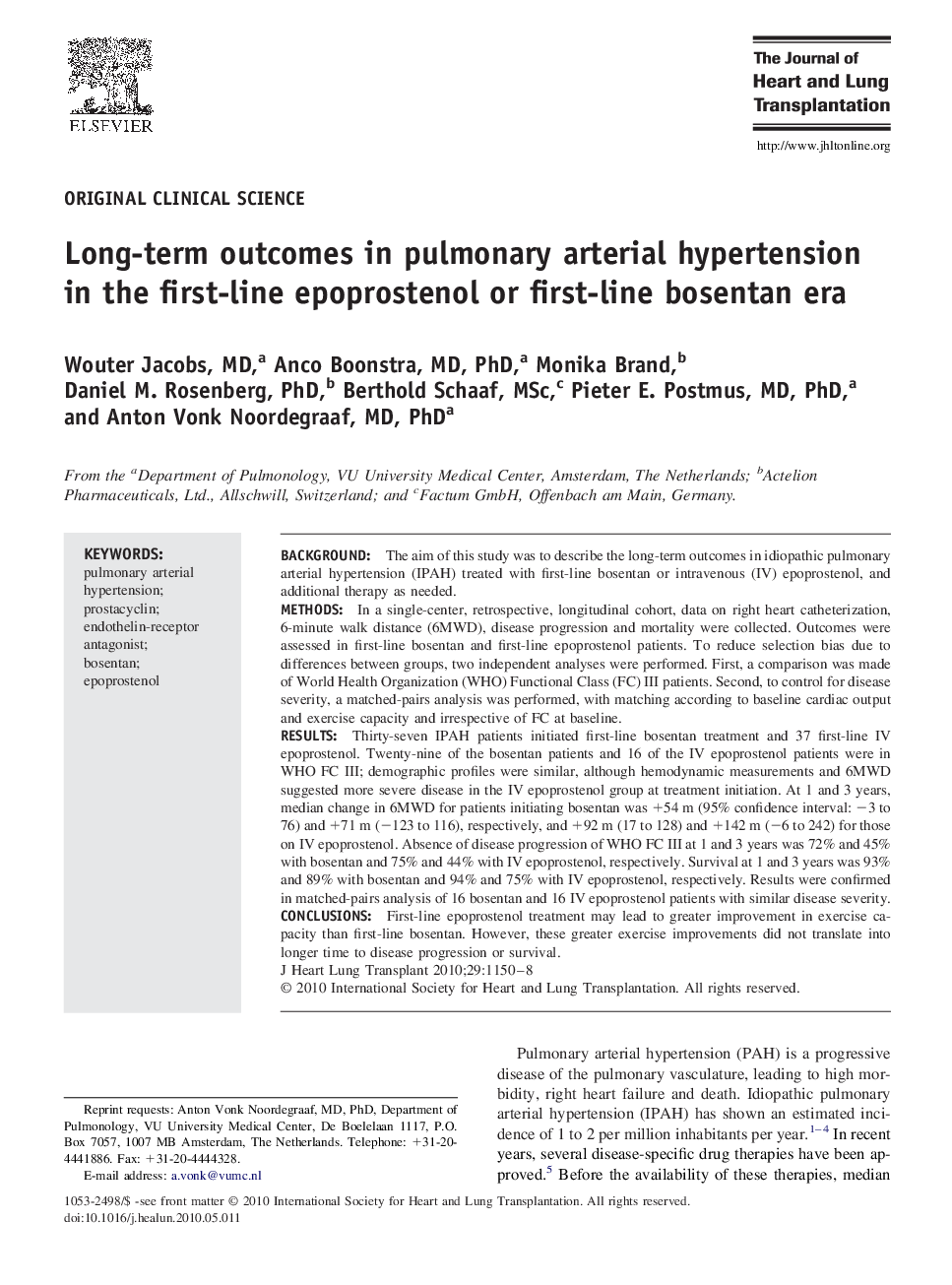 Long-term outcomes in pulmonary arterial hypertension in the first-line epoprostenol or first-line bosentan era