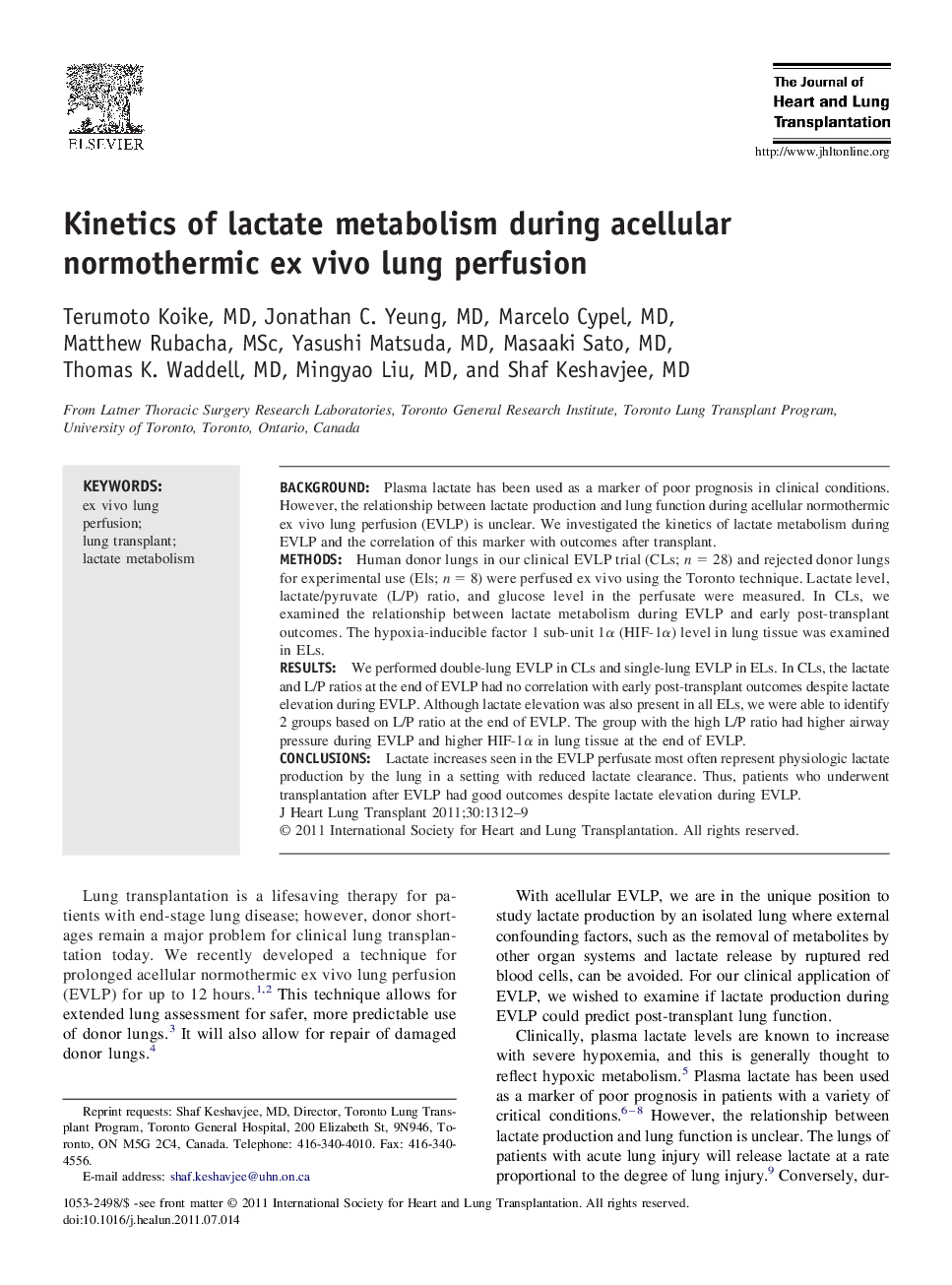 Kinetics of lactate metabolism during acellular normothermic ex vivo lung perfusion